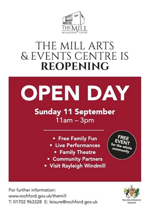 Rayleigh Mill Hall Arts and Events Centre opening poster
