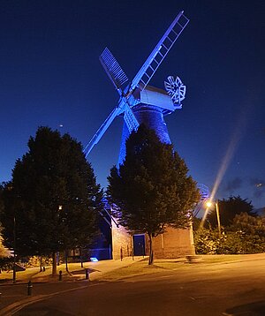 Rayleigh Windmill Lit Up in Blue to Support Dementia Action Week